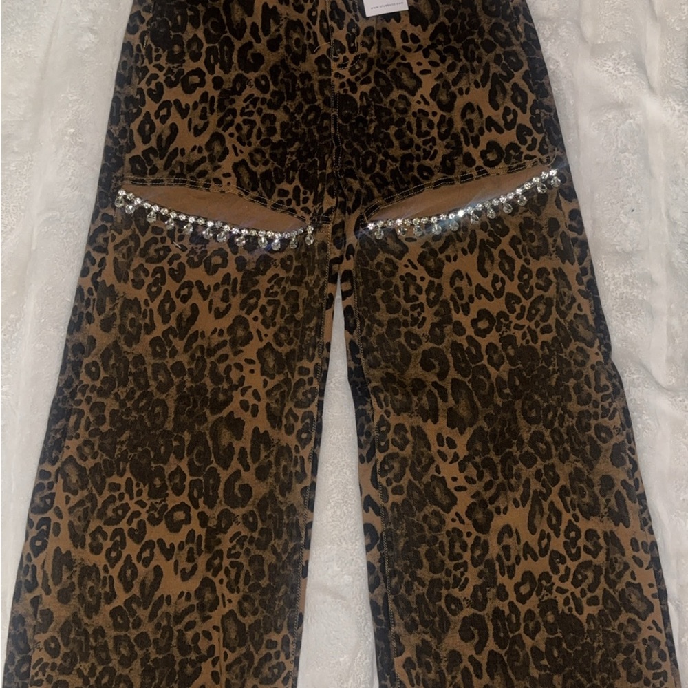 Leopard Print Women Jeans with Rhinestone Detail